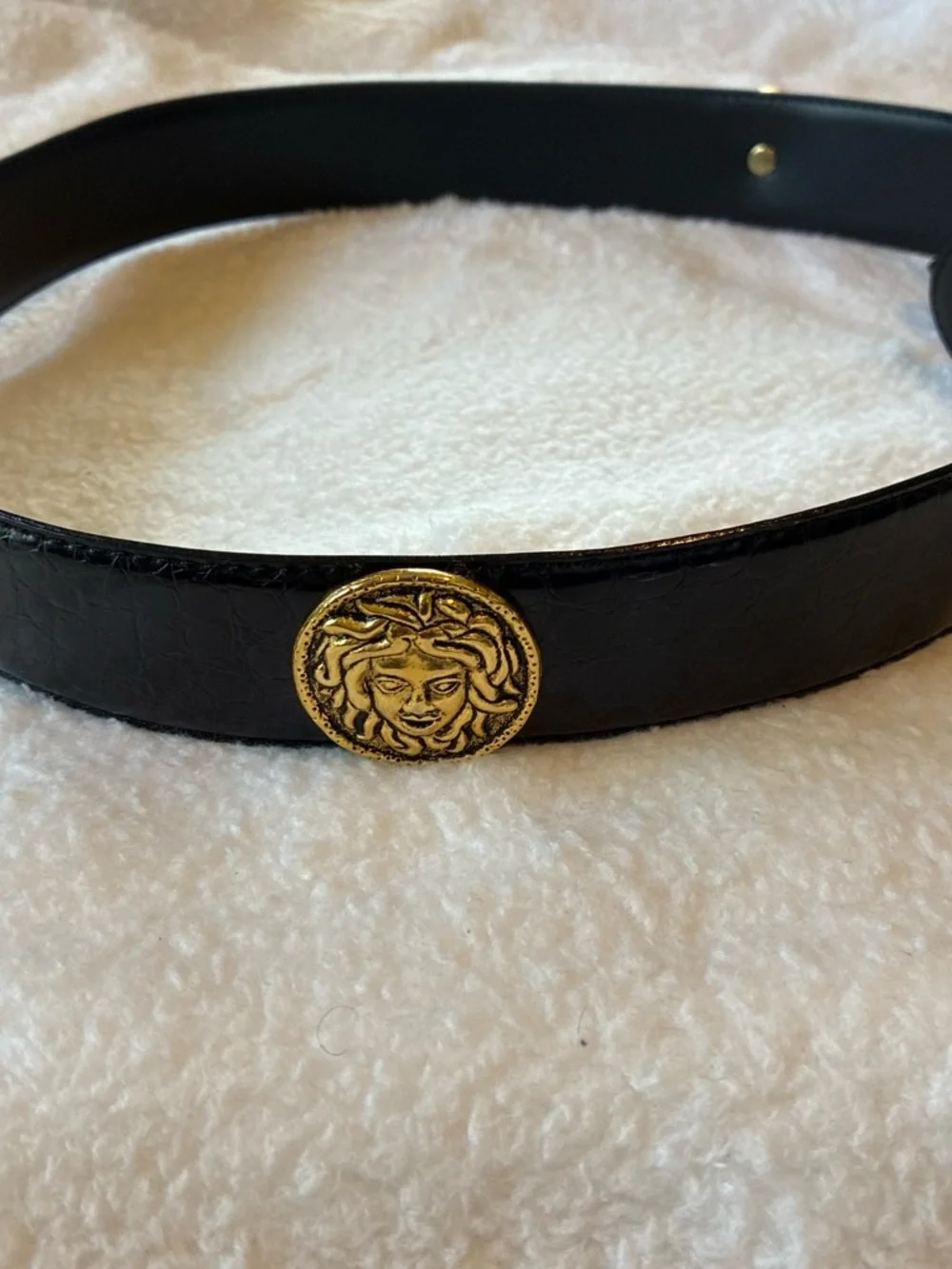 Black Leather Belt with Gold Medallion and Chain Accent